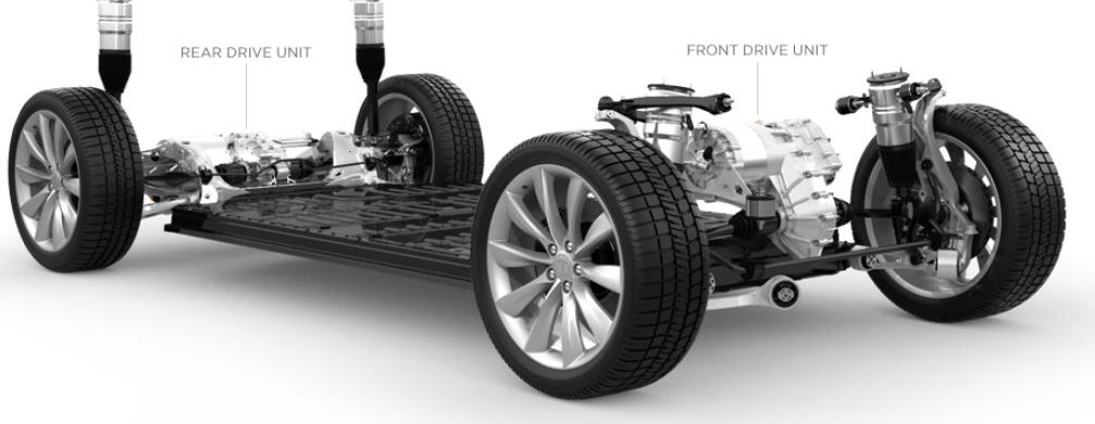 Model X dual-motor chassis with front and rear drive units